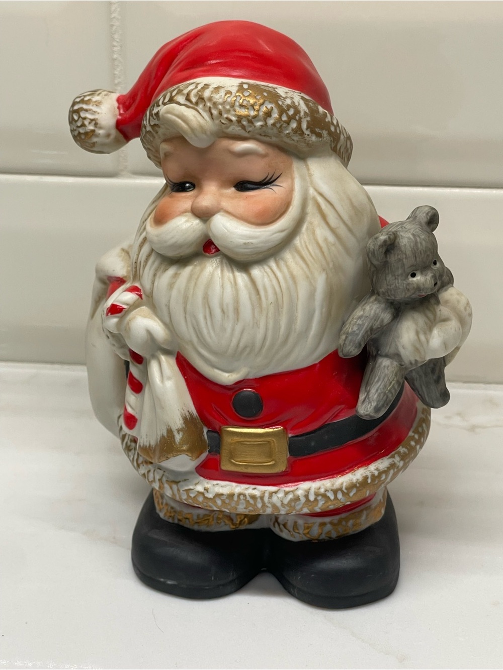 Homco Ceramic Santa Claus Piggy Bank with Teddy Bear Red & White 5610